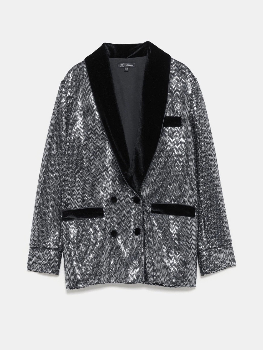 Zara TRF Silver Sequin Velvet Smoking Jacket L Blogger Fav Glam Rock Disco